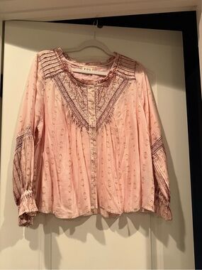 POL Pink Embroidered Button-Front Boho Blouse